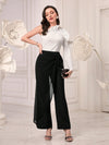 Modely Asymmetrical Neck Cut Out Ruffle Trim Trumpet Sleeve Tee