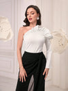 Modely Asymmetrical Neck Cut Out Ruffle Trim Trumpet Sleeve Tee