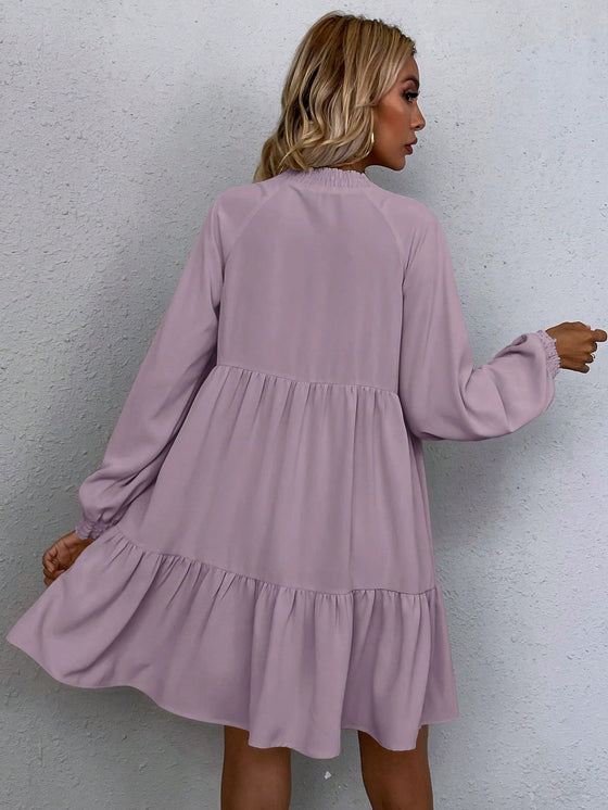 LUNE Tie Neck Lantern Sleeve Smock Dress