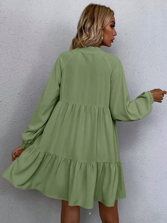 LUNE Tie Neck Lantern Sleeve Smock Dress