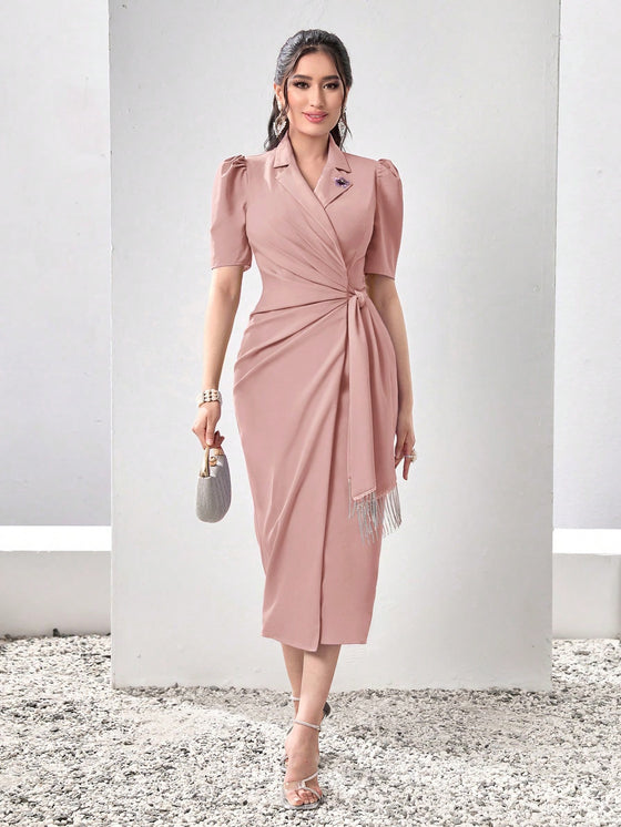 Modely Lapel Collar Puff Sleeve Wrap Knot Side Dress