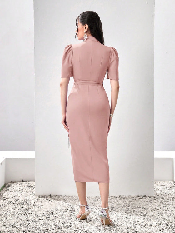 Modely Lapel Collar Puff Sleeve Wrap Knot Side Dress