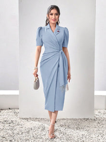  Modely Lapel Collar Puff Sleeve Wrap Knot Side Dress