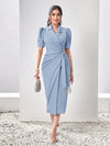 Modely Lapel Collar Puff Sleeve Wrap Knot Side Dress