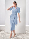 Modely Lapel Collar Puff Sleeve Wrap Knot Side Dress