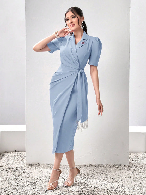 Modely Lapel Collar Puff Sleeve Wrap Knot Side Dress