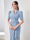 Modely Lapel Collar Puff Sleeve Wrap Knot Side Dress