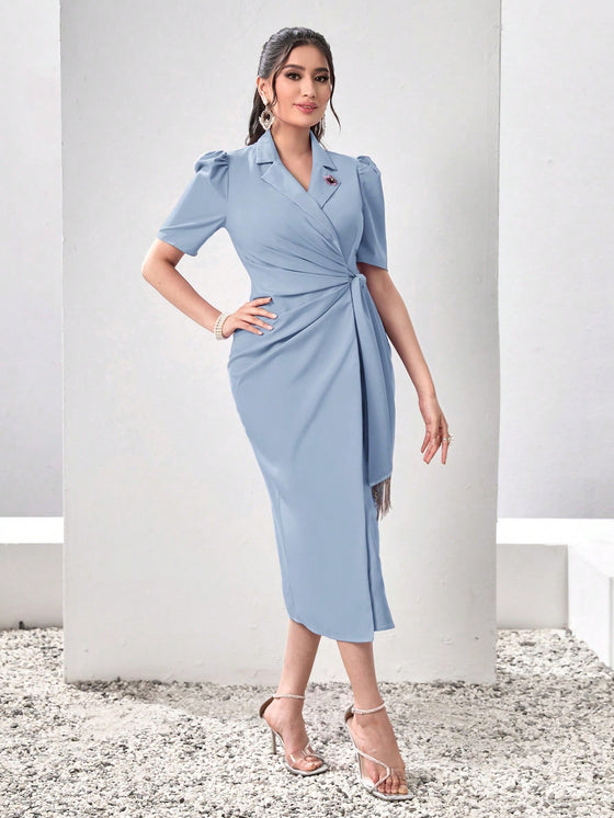 Modely Lapel Collar Puff Sleeve Wrap Knot Side Dress