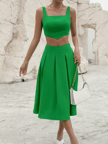  VCAY Solid Crop Tank Top & Fold Pleated Detail Skirt