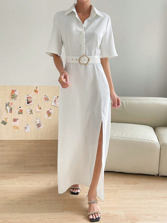 Essnce Solid Split Thigh Belted Shirt Dress