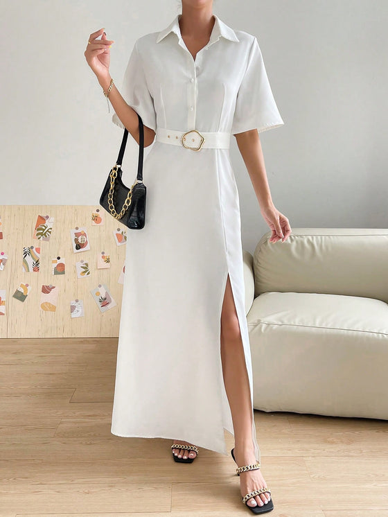 Essnce Solid Split Thigh Belted Shirt Dress