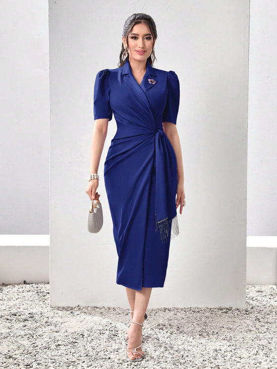 Modely Lapel Collar Puff Sleeve Wrap Knot Side Dress