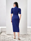 Modely Lapel Collar Puff Sleeve Wrap Knot Side Dress