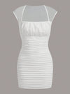 EZwear Square Neck Contrast Mesh Ruched Bodycon Dress