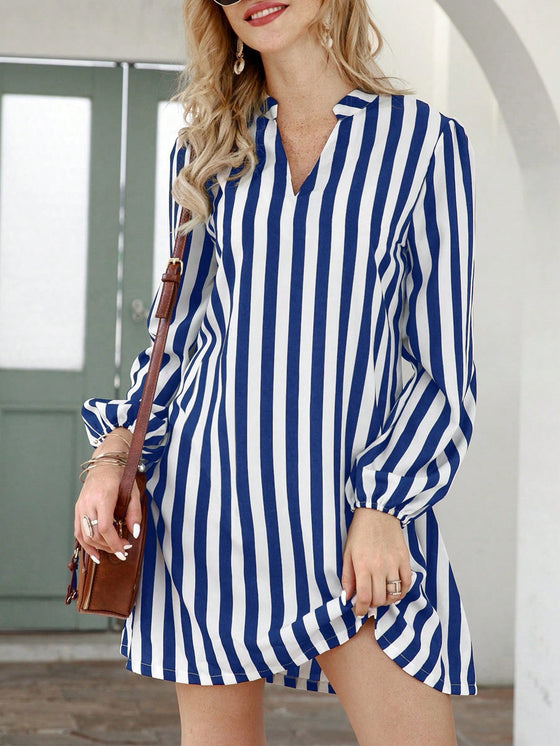 VCAY Striped Notched Neck Tunic Dress