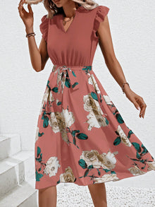  VCAY Floral Print Ruffle Trim Belted Dress