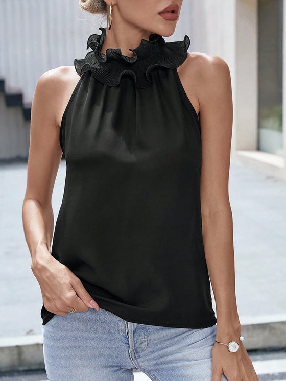 Privé Solid Ruffle Trim Halter Neck Sleeveless Blouse