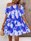 VCAY Allover Print Asymmetrical Neck Ruffle Hem Smock Dress