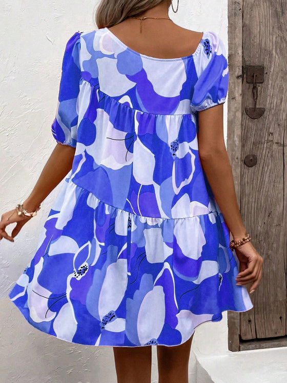 VCAY Allover Print Asymmetrical Neck Ruffle Hem Smock Dress