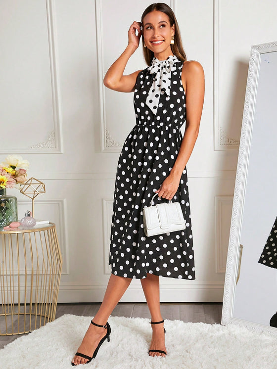 Clasi Polka Dot Print Tie Neck Dress