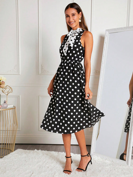 Clasi Polka Dot Print Tie Neck Dress