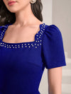 Modely Pearls Beaded Square Neck Scallop Trim Bodycon Dress