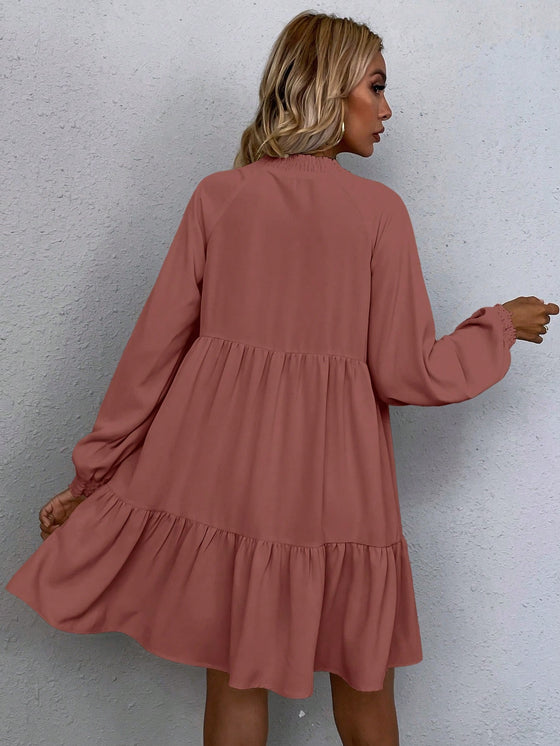 LUNE Tie Neck Lantern Sleeve Smock Dress