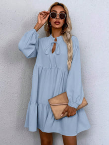  LUNE Tie Neck Lantern Sleeve Smock Dress