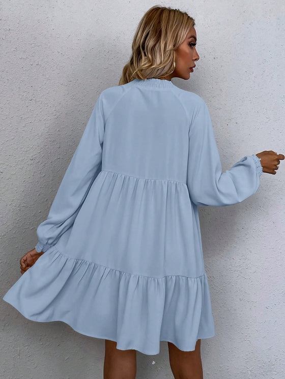 LUNE Tie Neck Lantern Sleeve Smock Dress