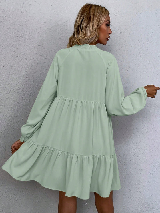 LUNE Tie Neck Lantern Sleeve Smock Dress