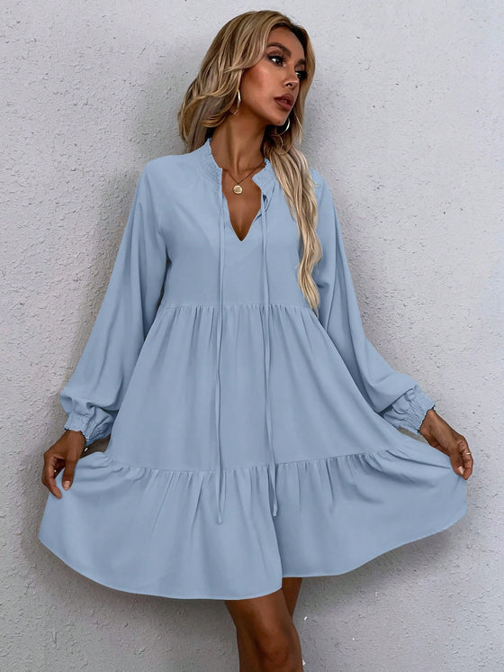 LUNE Tie Neck Lantern Sleeve Smock Dress