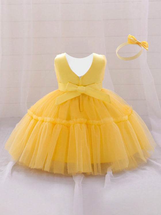 GIRLS Baby Girls' Mesh Puff Princess Dress With Butterfly Knot & Headband For First Birthday/party