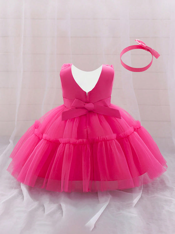 GIRLS Baby Girls' Mesh Puff Princess Dress With Butterfly Knot & Headband For First Birthday/party