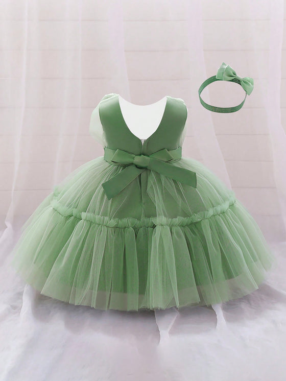 GIRLS Baby Girls' Mesh Puff Princess Dress With Butterfly Knot & Headband For First Birthday/party