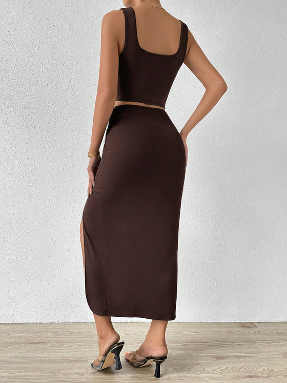 Privé Solid Crop Tank Top & Twist Front Split Thigh Skirt