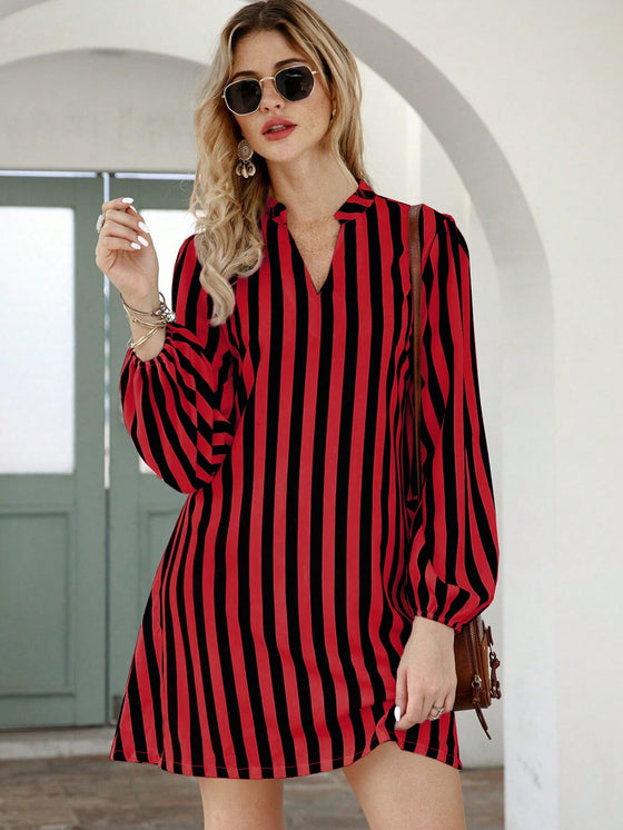 VCAY Striped Notched Neck Tunic Dress