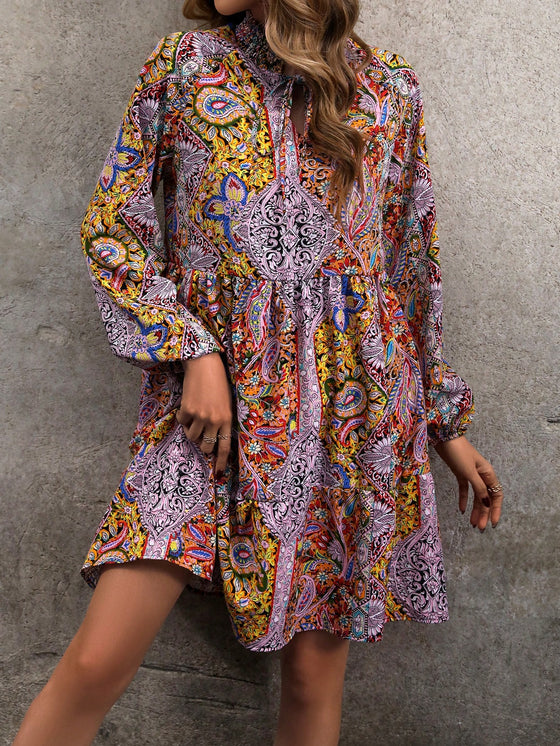 LUNE Tie Neck Lantern Sleeve Smock Dress