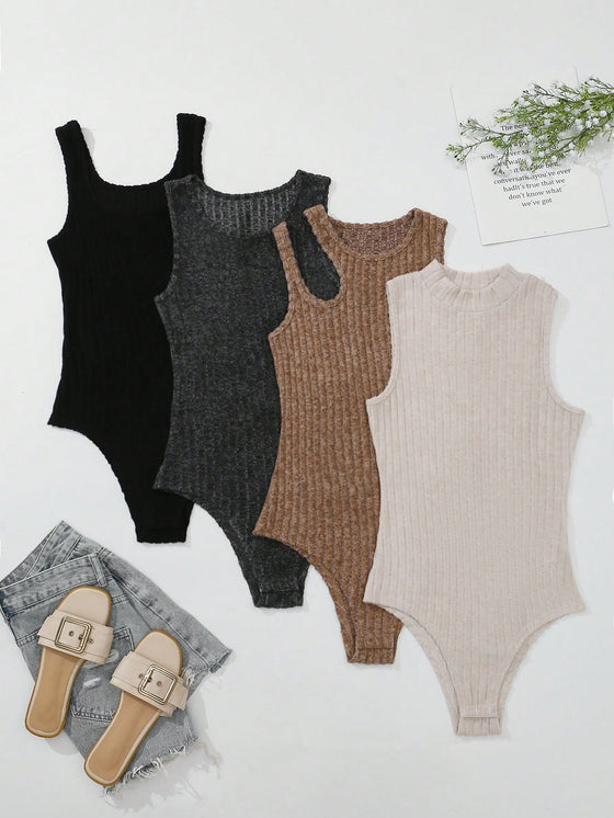 Privé 4pcs Solid Ribbed Knit Bodysuit