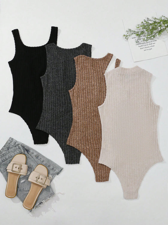 Privé 4pcs Solid Ribbed Knit Bodysuit