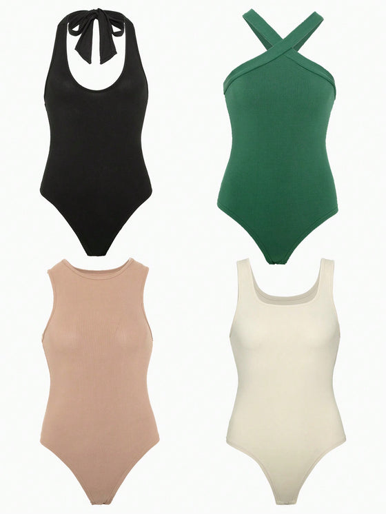 Privé 4pcs Solid Ribbed Knit Bodysuit