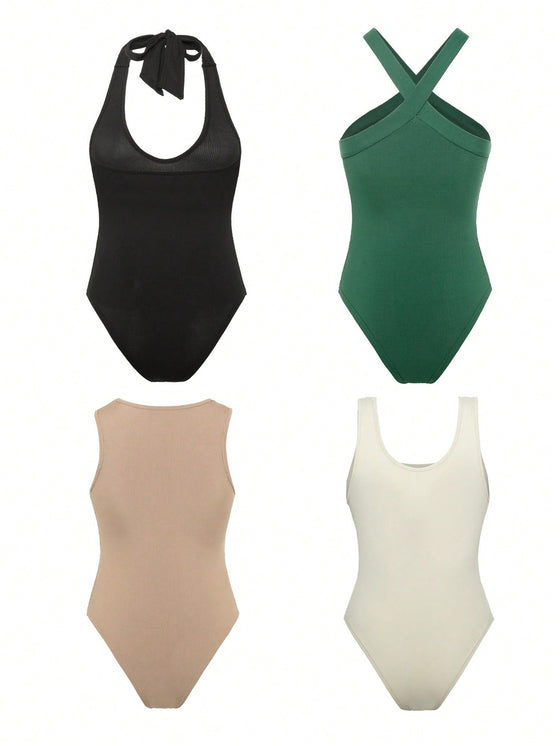 Privé 4pcs Solid Ribbed Knit Bodysuit