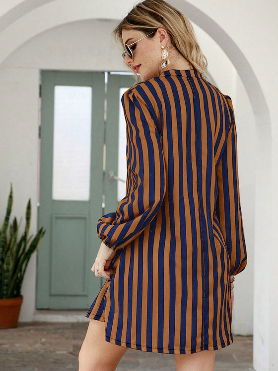 VCAY Striped Notched Neck Tunic Dress