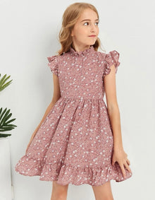  Girls Ditsy Floral Butterfly Sleeve Ruffle Hem Dress