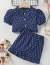 Toddler Girls Letter & Polka Dot Print Puff Sleeve Shirt & Ruffle Trim Skirt