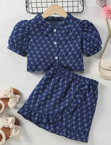  Toddler Girls Letter & Polka Dot Print Puff Sleeve Shirt & Ruffle Trim Skirt