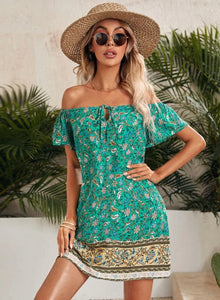  FLORAL OFF SHOULDER KNOT FRONT TUNIC DRESS