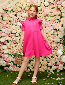  Girls Ruffle Trim Patched Pocket Single Breasted Dress