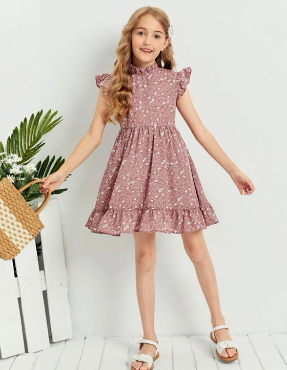 Girls Ditsy Floral Butterfly Sleeve Ruffle Hem Dress