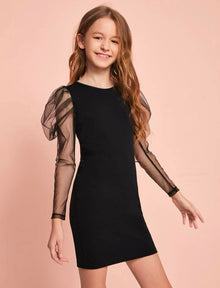  Girls Mesh Gigot Sleeve Fitted Dress