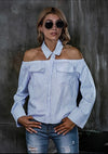 COLLARED BUTTONED FRONT STRIPED HALTER BLOUSE